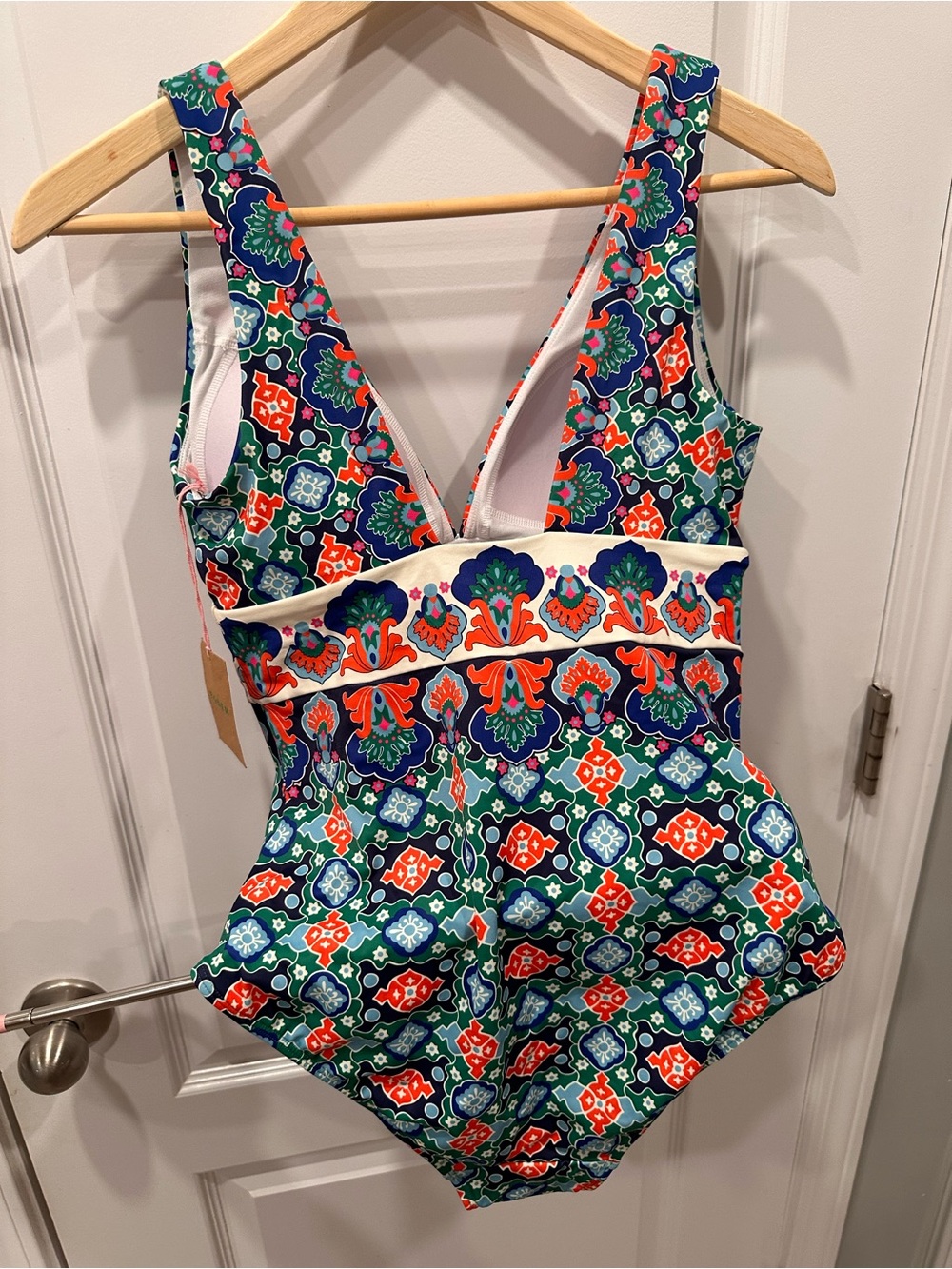 Boden Porto Floral Mosaic One-Piece Swimsuit in Blue, Green & Orange - Picture 6 of 7